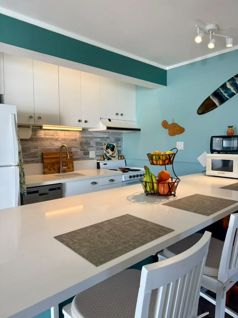 The full kitchen at unit 711, Maui Sands Seaside