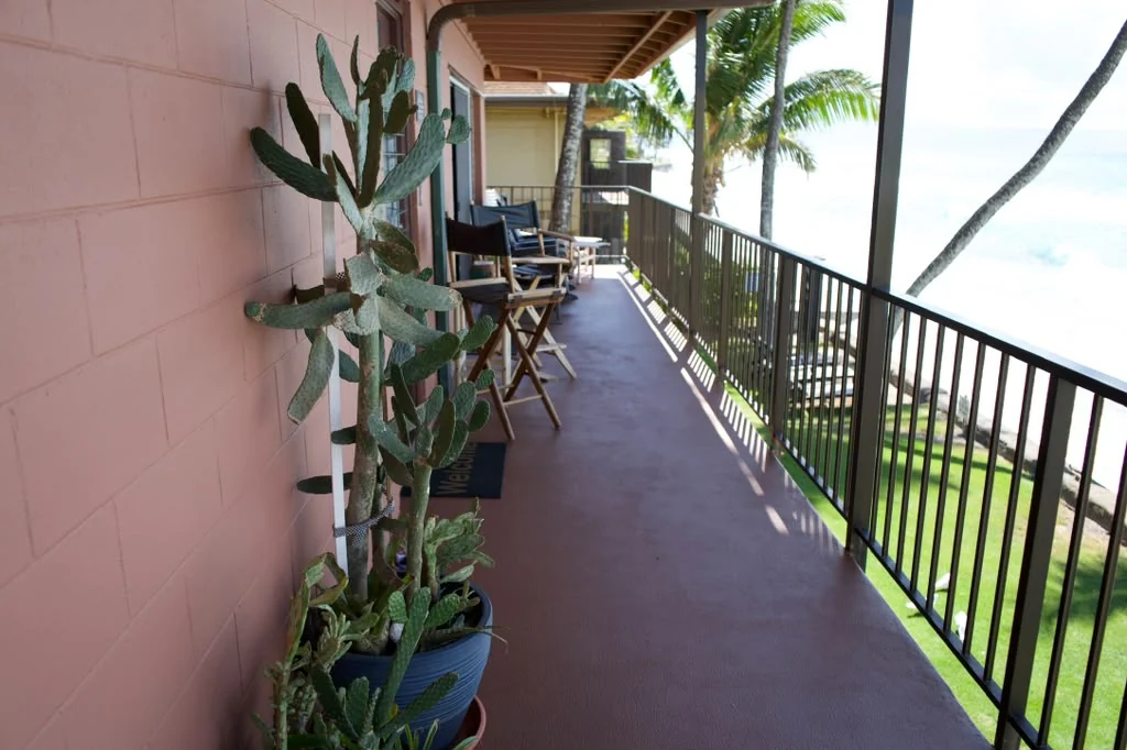 The lanai running the full length of the unit, planters along the rail